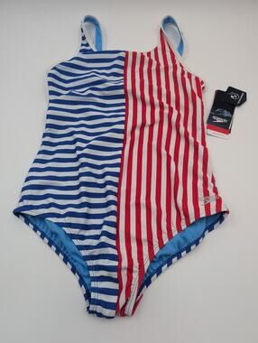 SPEEDO Swimsuit Kid Girls Size 14 One Piece Stripe Chlorine Resistant Red Blue